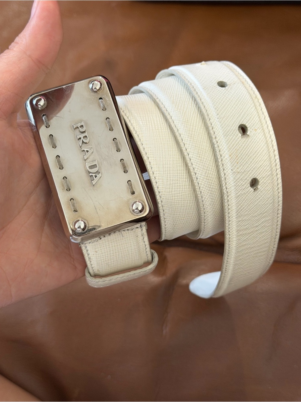 Prada Cream Saffiano Leather Womens Belt with Silver Plaque - Picture 1 of 10